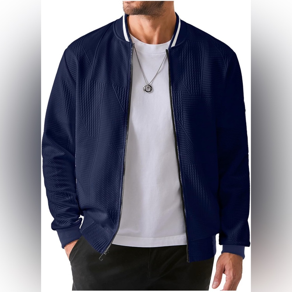 JMIERR Mens Casual Jacquard Bomber Jackets Color-Block Lightweight Jacket